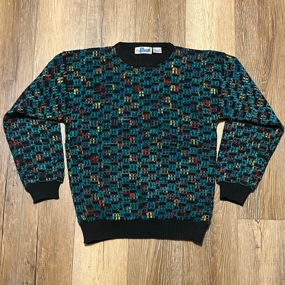 VTG DJ Smash 3D Textured Knit Sweater L Colorful Grandpa Cosby Biggie Geometric